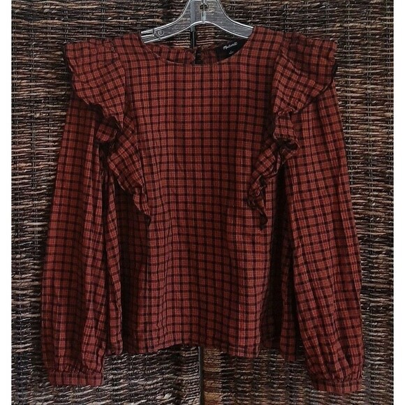 Madewell Ruffle Front Plaid Blouse Top Women's Small Burnt Orange Fall Prairie - Picture 1 of 9
